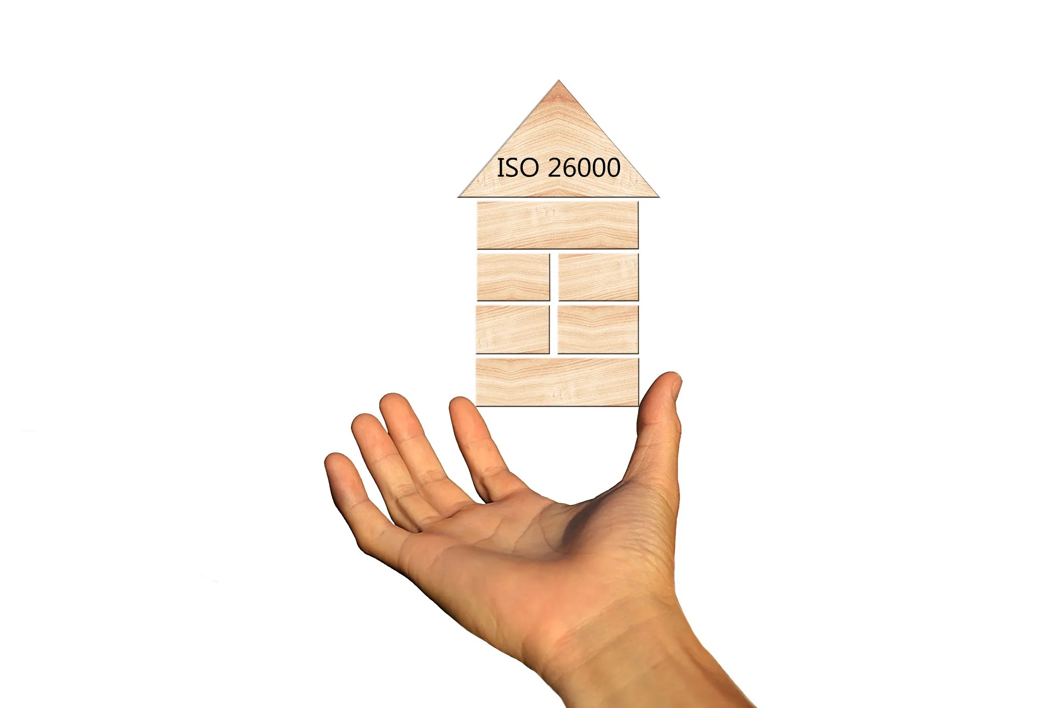 Hand holding up ISO 26000 wood blocks house.