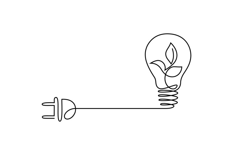 Line drawing of sustainable leaf lightbulb with plug.