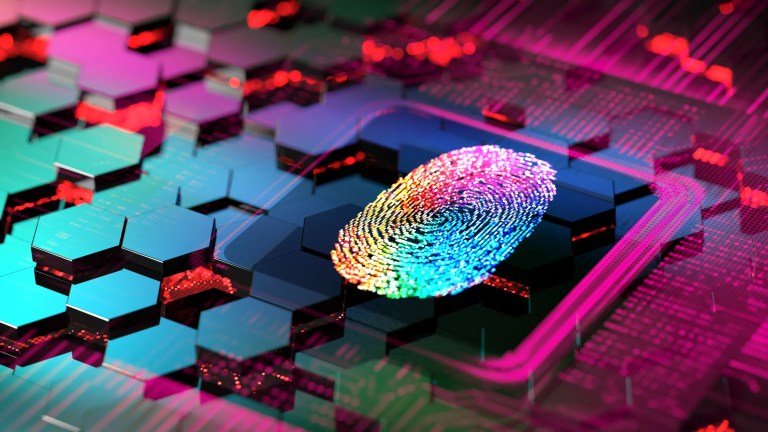 Colorful fingerprint on digital surface to represent entity authentication and biomentrics.