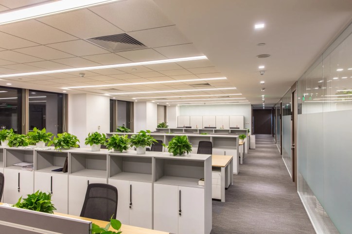 Modern office corridor with strong lighting, office chairs, and many plants.