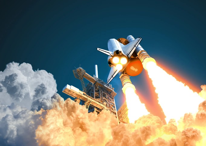 Space shuttle taking off with flames ejecting under AIAA S-117 space systems verification.