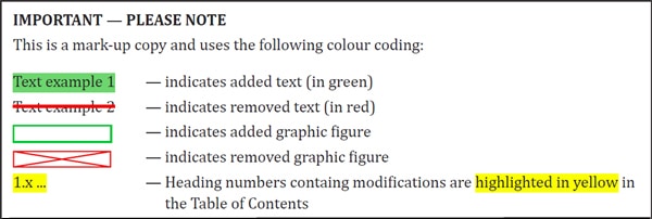 Legend of the mark-up and color coding of changes