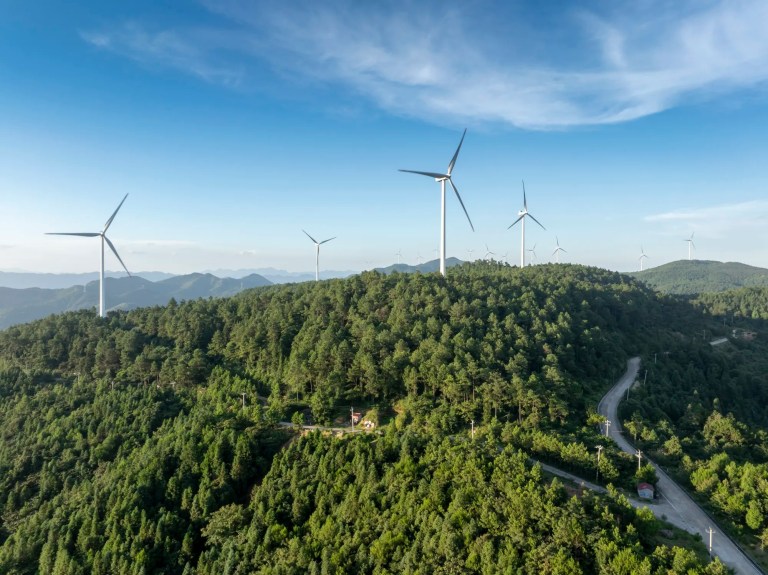 Wind turbines on forest mountain top