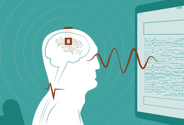 Brain connecting to machine through brain to computer interface (BCI) technology.