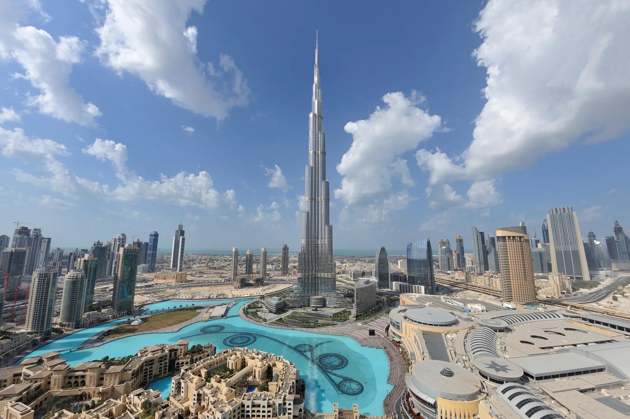 Burj Khalifa surrounded by skyscrapers in Dubai