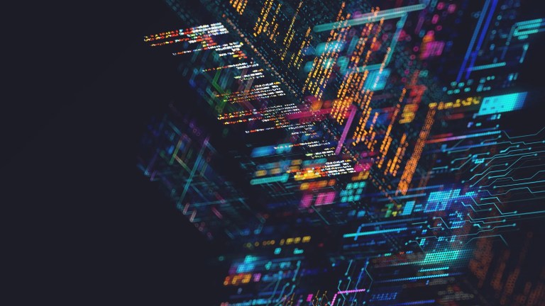 Graphic of colorful code on black to show data storage