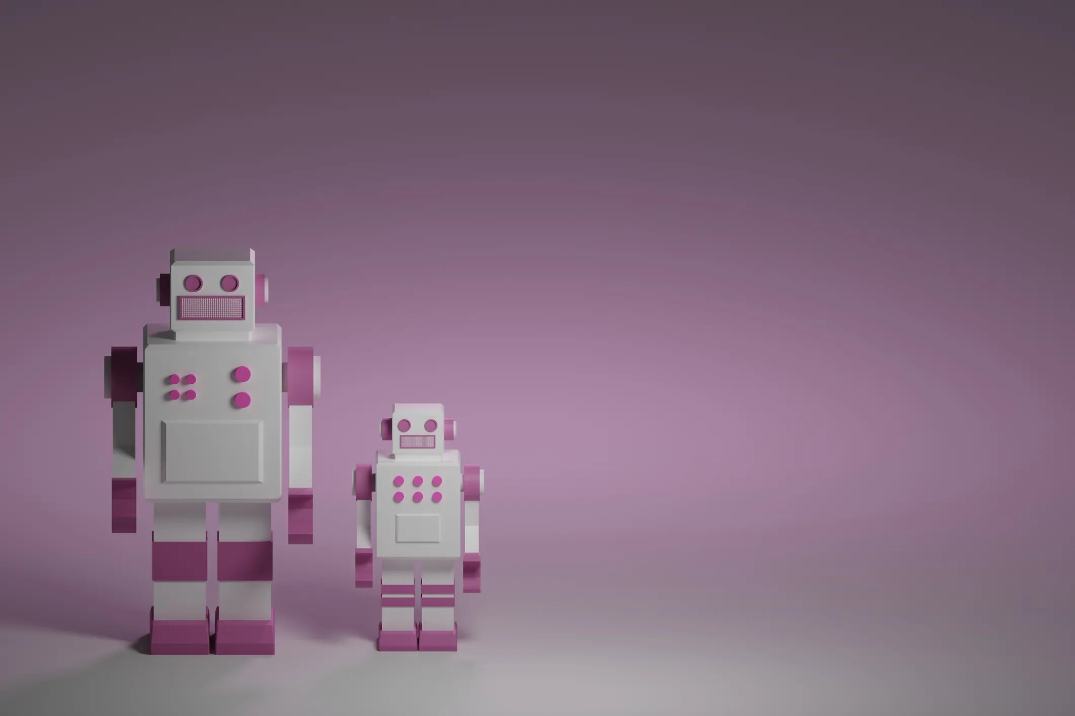 Retro mother robot selecting child for evolution with pink background
