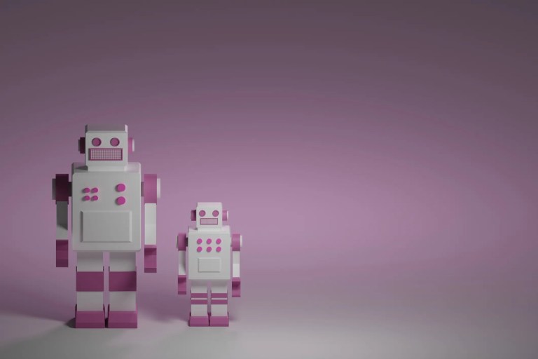 Retro mother robot selecting child for evolution with pink background