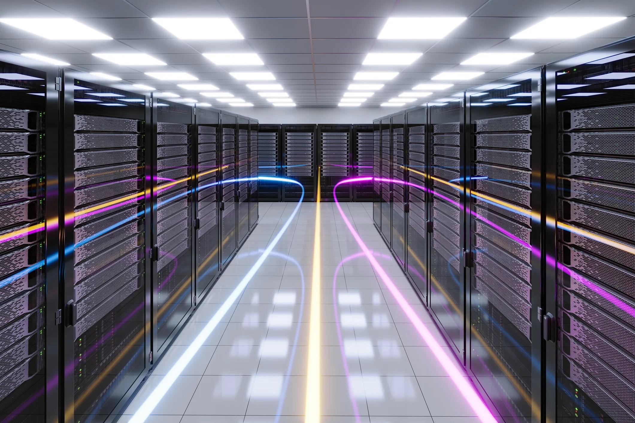 Data center with colorful lines passing through to show data silos in the IoT