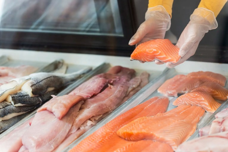 Salmon steak being raised by worker hands at seafood counter with dubious fish names