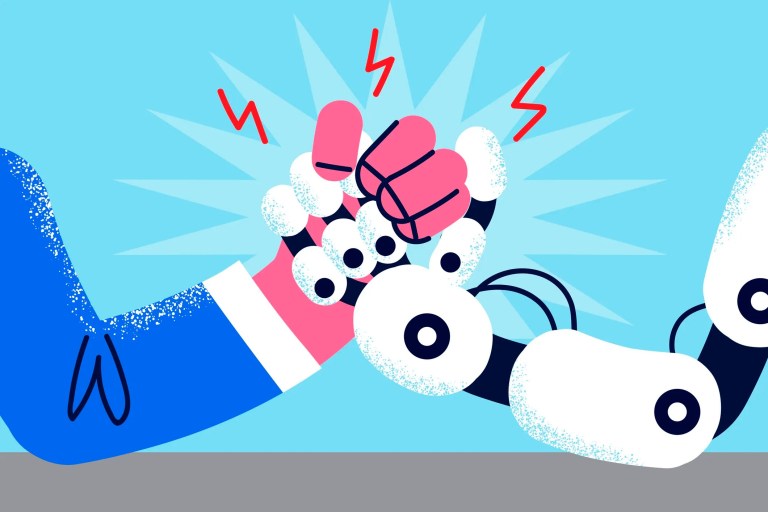 Human arm wrestling robot illustration to show job losses from automation