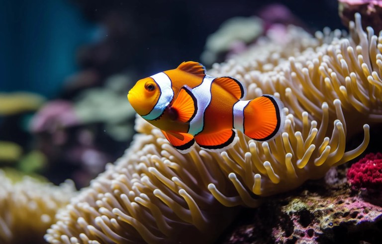 Clownfish swimming out of anemone in Great Barrier Reef anemone