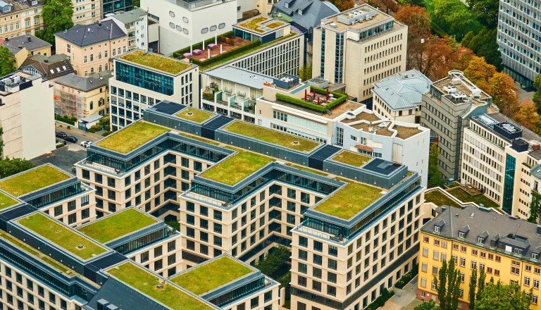 Aerial view of efficient apartment buildings with green roofs