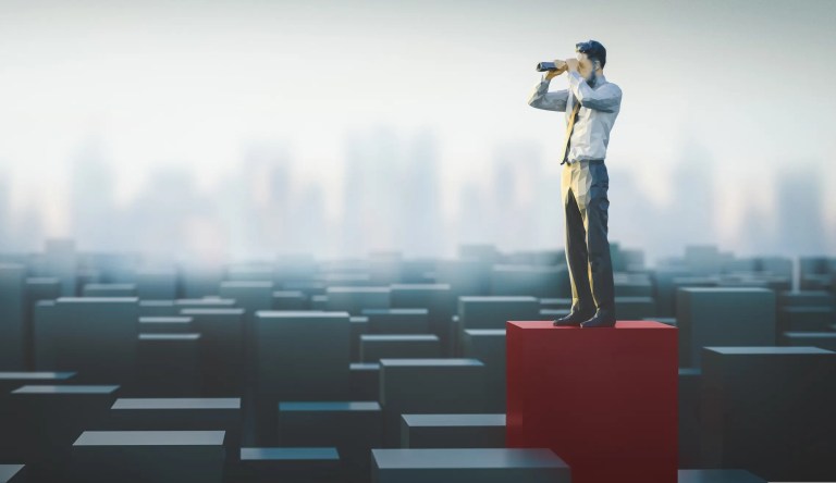 3d figure of a man on red pedestal looking through binoculars to conduct regression analysis