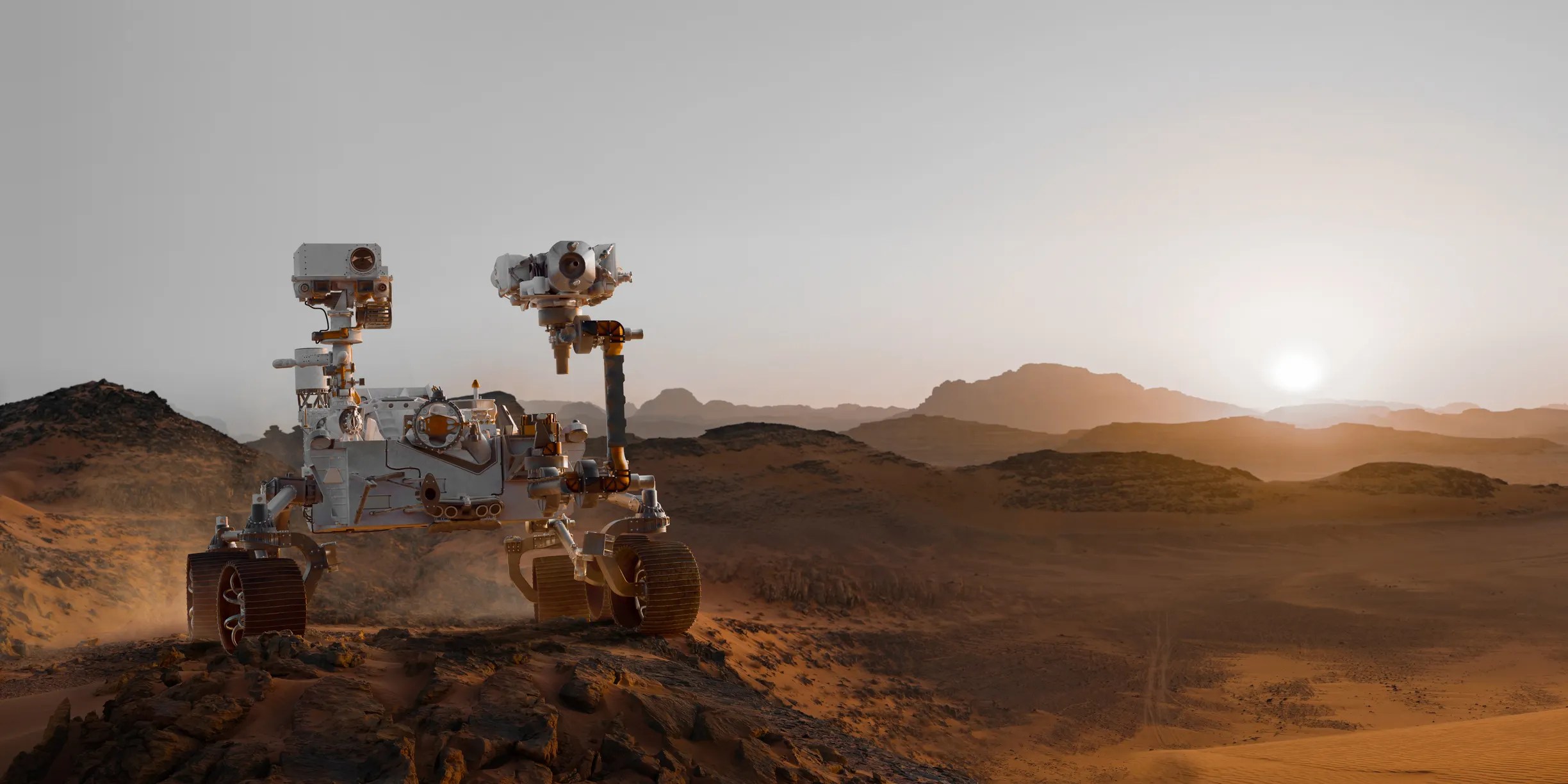 Mars rover rolling near sunrise on the red planet