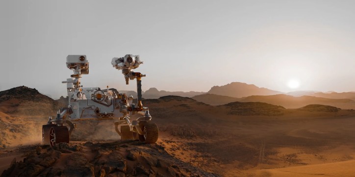 Mars rover rolling near sunrise on the red planet
