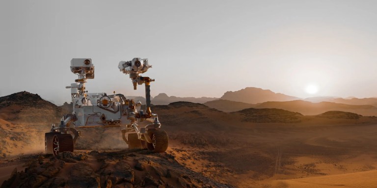 Mars rover rolling near sunrise on the red planet