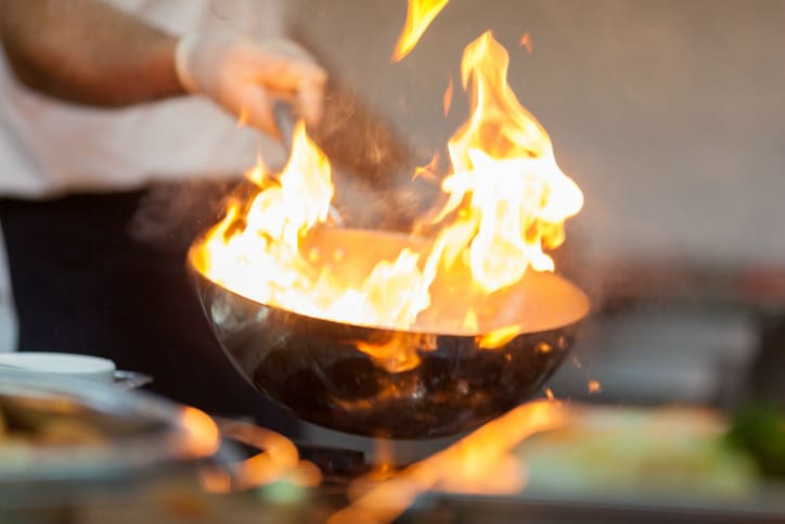 A kitchen fire burns bright without NFPA 96 and proper ventilation.
