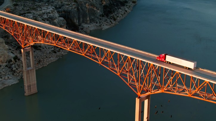 Aerial shot of route 90 on the Pecos River Bridge across the Pecos River near Del Rio, Texas