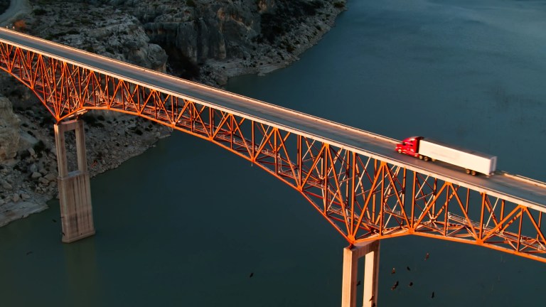 Aerial shot of route 90 on the Pecos River Bridge across the Pecos River near Del Rio, Texas