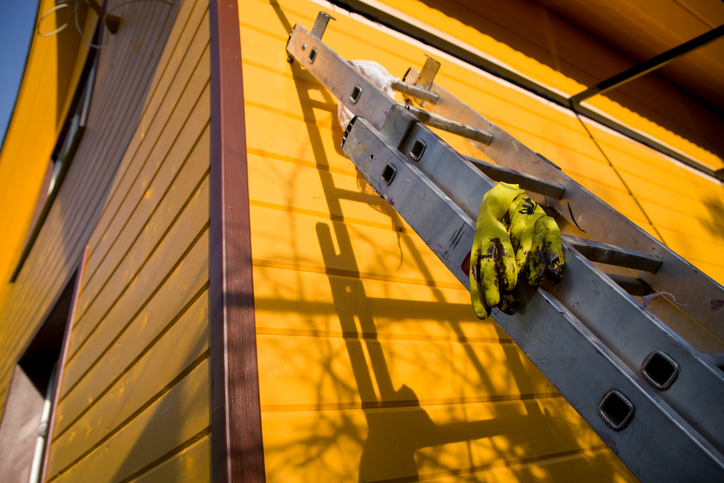A portable metal ladders certified to ANSI ASC A14.2-2017 leaning against yellow house