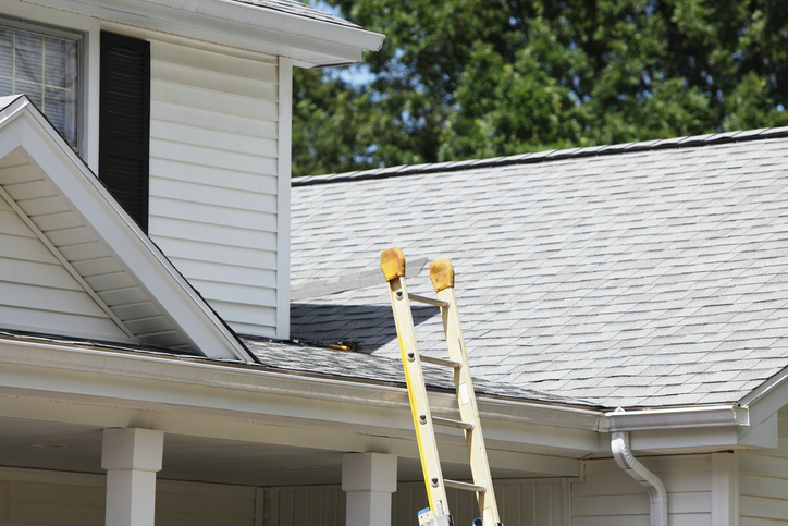 A plastic ladder that follows ANSI ASC A14.5-2017 leans against a white suburban home