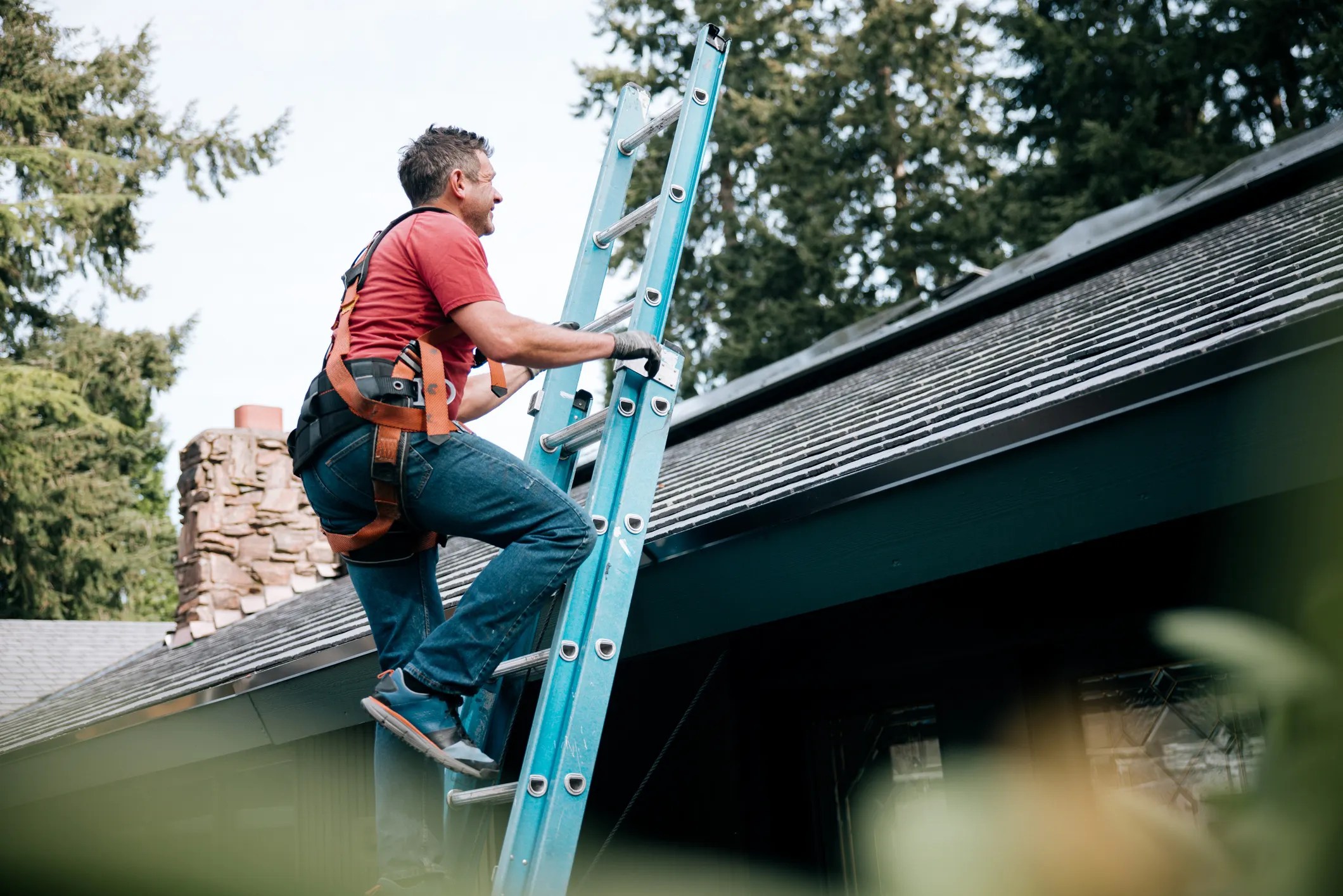 Man climbing blue ladder to install solar panels on house in Washington