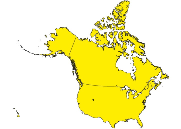Yellow US and Canada on map representing the harmonized standards by ANSI, CSA, IAMPO, and ASME.
