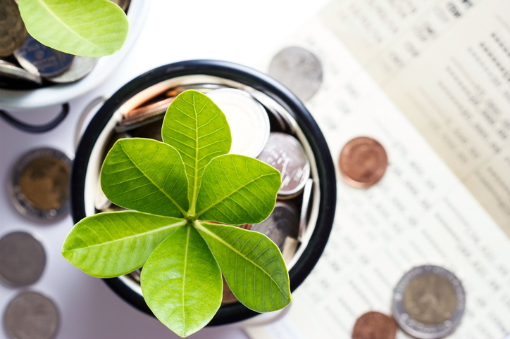 A container full of coins with a plant in the middle is protected by ISO 14067 2018 compliance