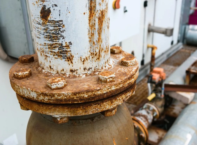 Rusty industrial pipeline flange with corroded bolts and a weathered metal surface that need a salt spray test that complies with ASTM B117-25 to prevent corrosion.
