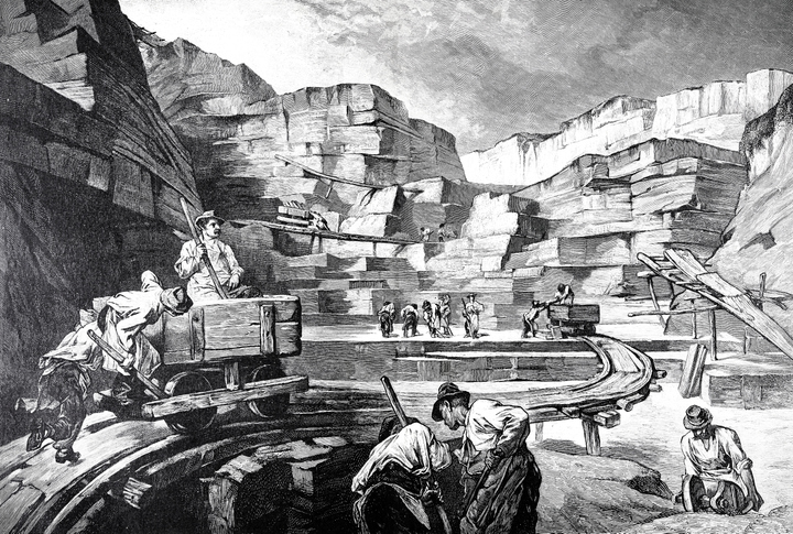 An old drawing depicting miners using historical standards relating to ISO and ANSI in the old west.