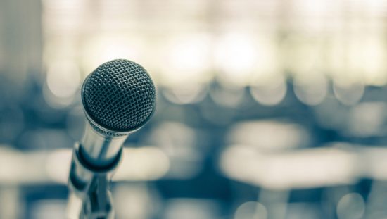 A microphone prepared for an exhilarating talk at the ANSI Company Member Forum (CMF).