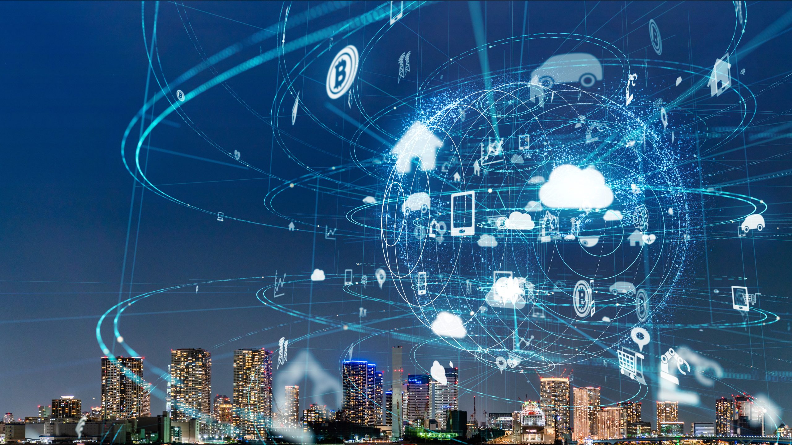 A digital city graphic depicting various smart grid features