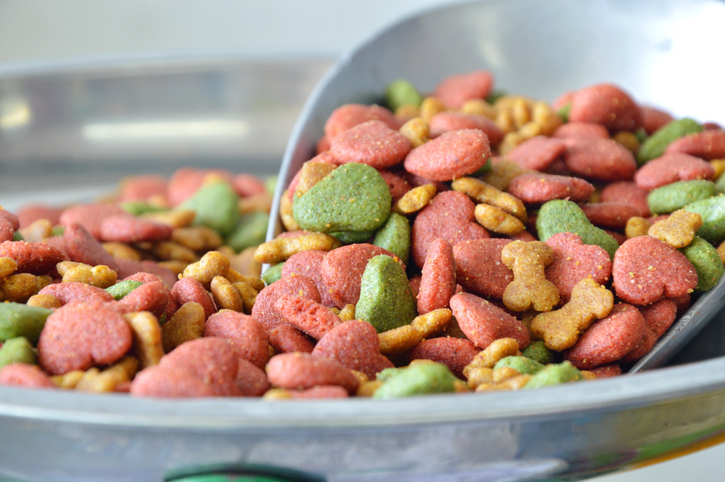 Colorful dog food that has undergone feed testing in an ANAB ISO/IEC 17025 accredited laboratory.
