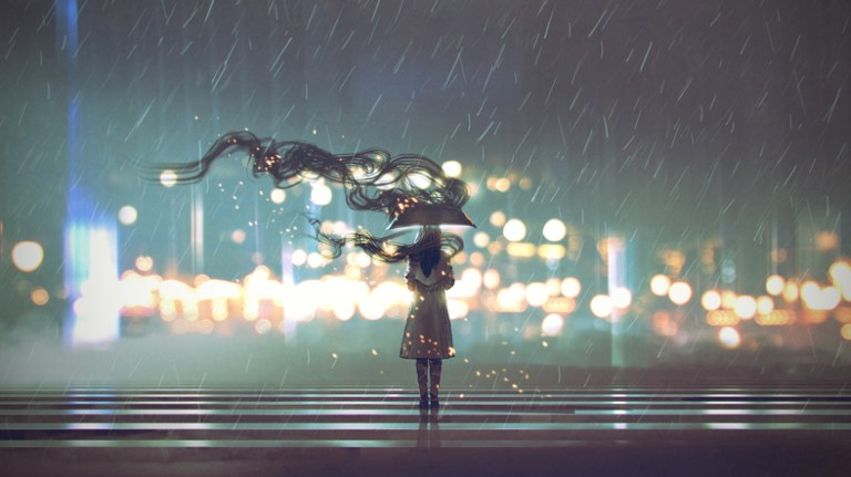 Dark steam rises from woman in the rain in the face of ISO 37123:2019 indicators for resilient cities.