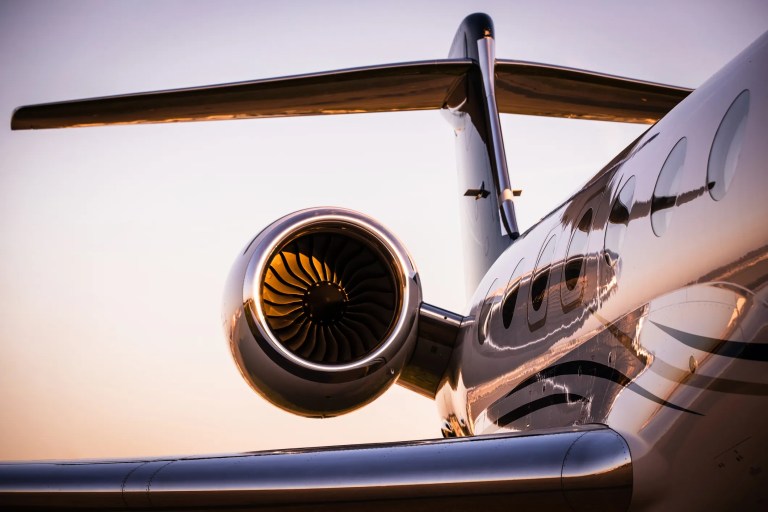 Closeup of corporate plane built of steel and titanium