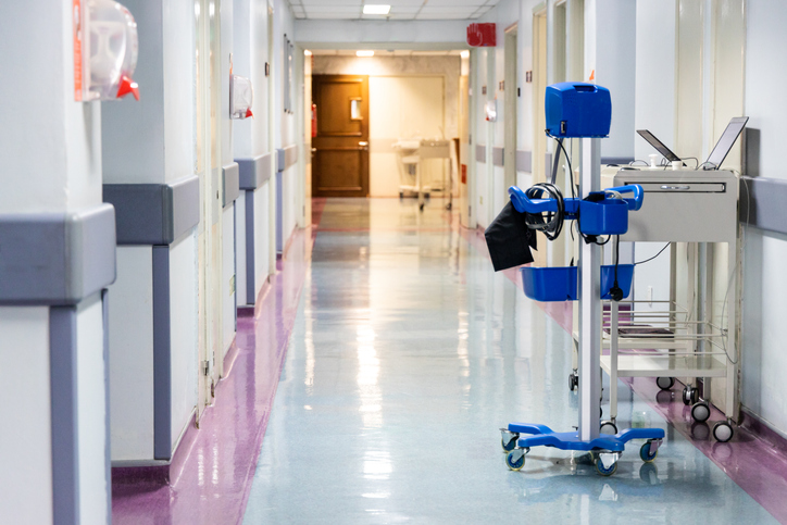 Blue medical device in hallway biologically evaluated to ISO 10993 risk management.