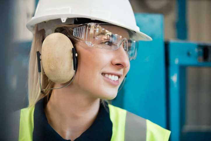 Happy woman wearing ANSI/ISEA Z87.1-2020 safety glasses to protect her face