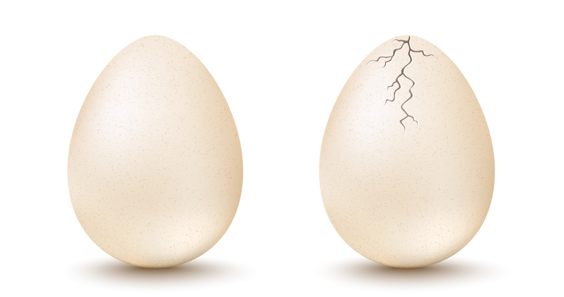 Cracked egg next to quality egg showing the risk of incorrect conclusions during ISO 2859-4:2020 acceptance sampling.
