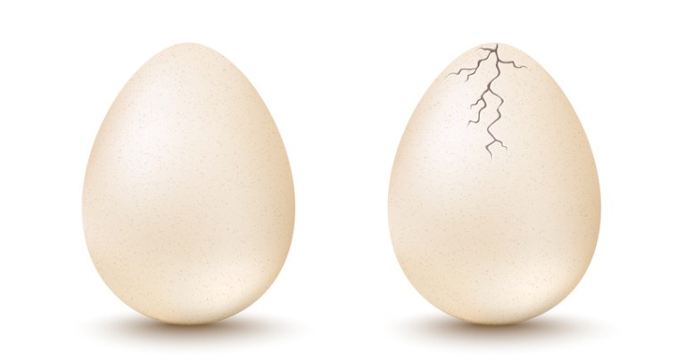 Cracked egg next to quality egg showing the risk of incorrect conclusions during ISO 2859-4:2020 acceptance sampling.