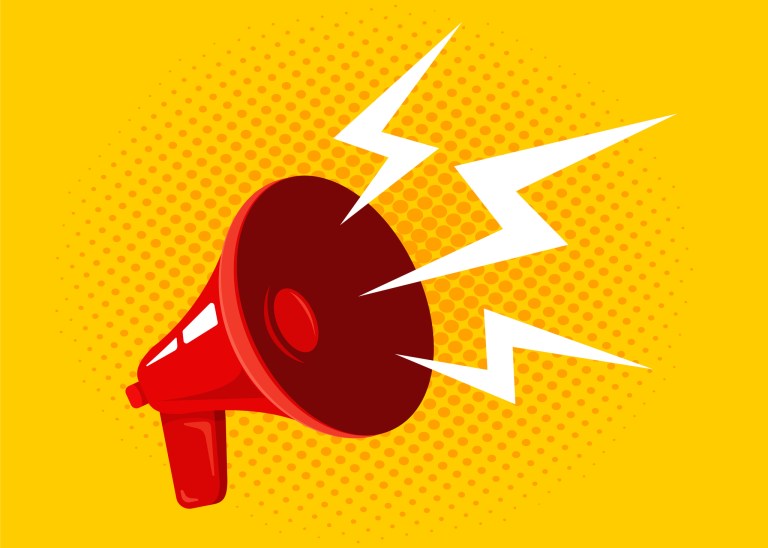 Red megaphone bursting subjective loudness, which can be properly measured with ANSI/ASA S1.13-2020 sound pressure levels.