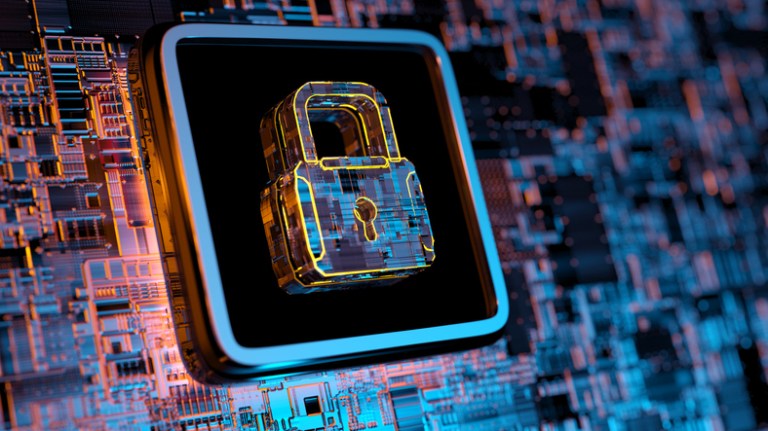 Square around digital lock showing Cybersecurity Maturity Model Certification accreditation body (CMMC-AB) importance.