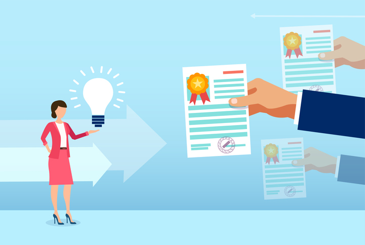 Smart businesswoman getting credentials in the different forms of certifications and certificates.