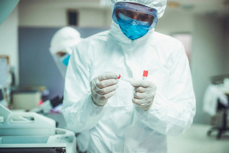 Scientist examining covid-19 test results in a lab.