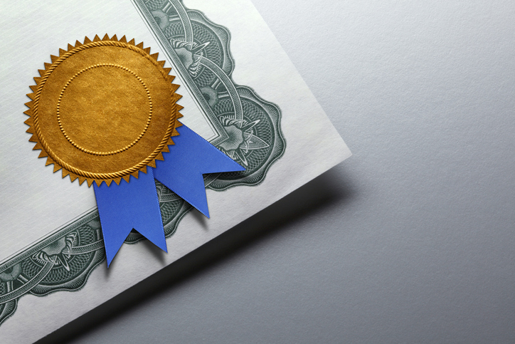 Blue ribbon on certificate program accredited to ASTM E2659-18 for long certificate term.