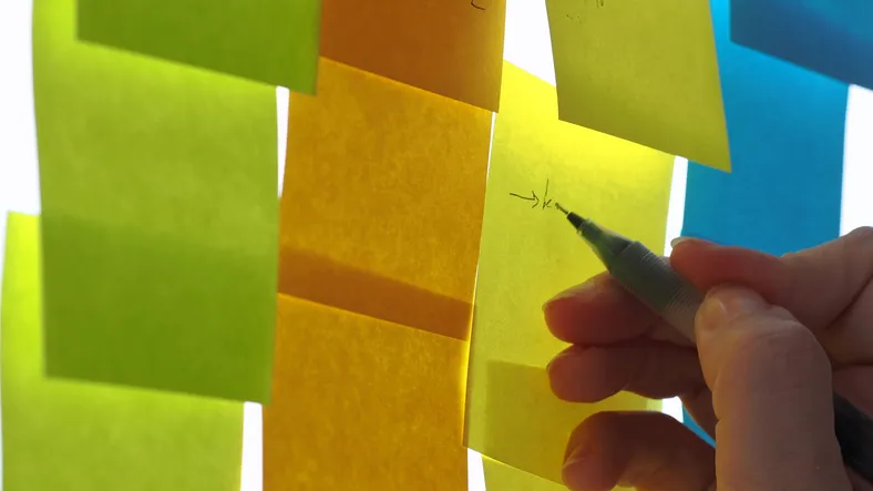 Writing goal on post-it with ISO 21500:2021 project management, program management, and portfolio management concepts.