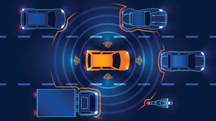 Orange car operating at Level 1 of the SAE levels of driving automation.