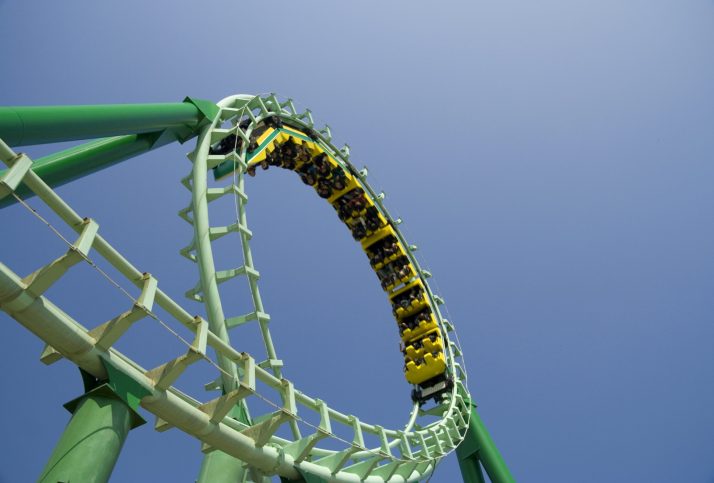 Green roller coaster loop providing ASTM F2291-21 amusement ride patrons with safe thrills.