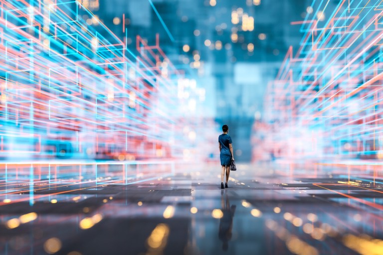 Woman walking through VR city representing digital transcripts preserved as Learning and Employment Records (LERs).