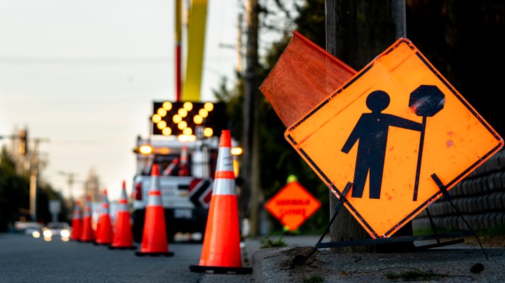 Orange flagger signs in road work zone assembled to ANSI/ASSP A10.47-2021 construction requirements.